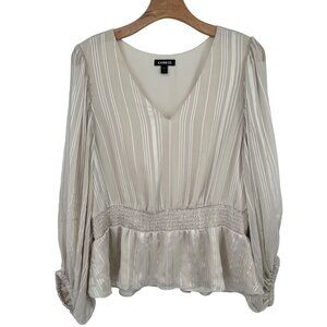 Express Women's Beige Striped V-Neck Blouse chiffon size xl lined Peplum